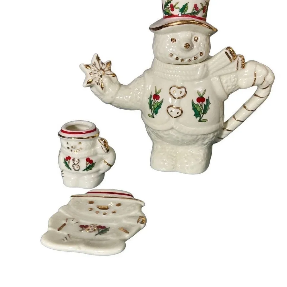Formalities by Baum Brothers 10 pc Snowman Holly Berries Mini Tea Set Ivory Gold